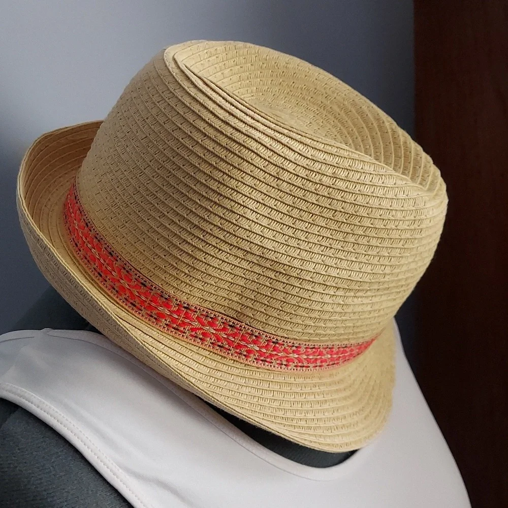 * Fedora Women's Summer Straw Hat Tan with Coral Multi Band, Like New